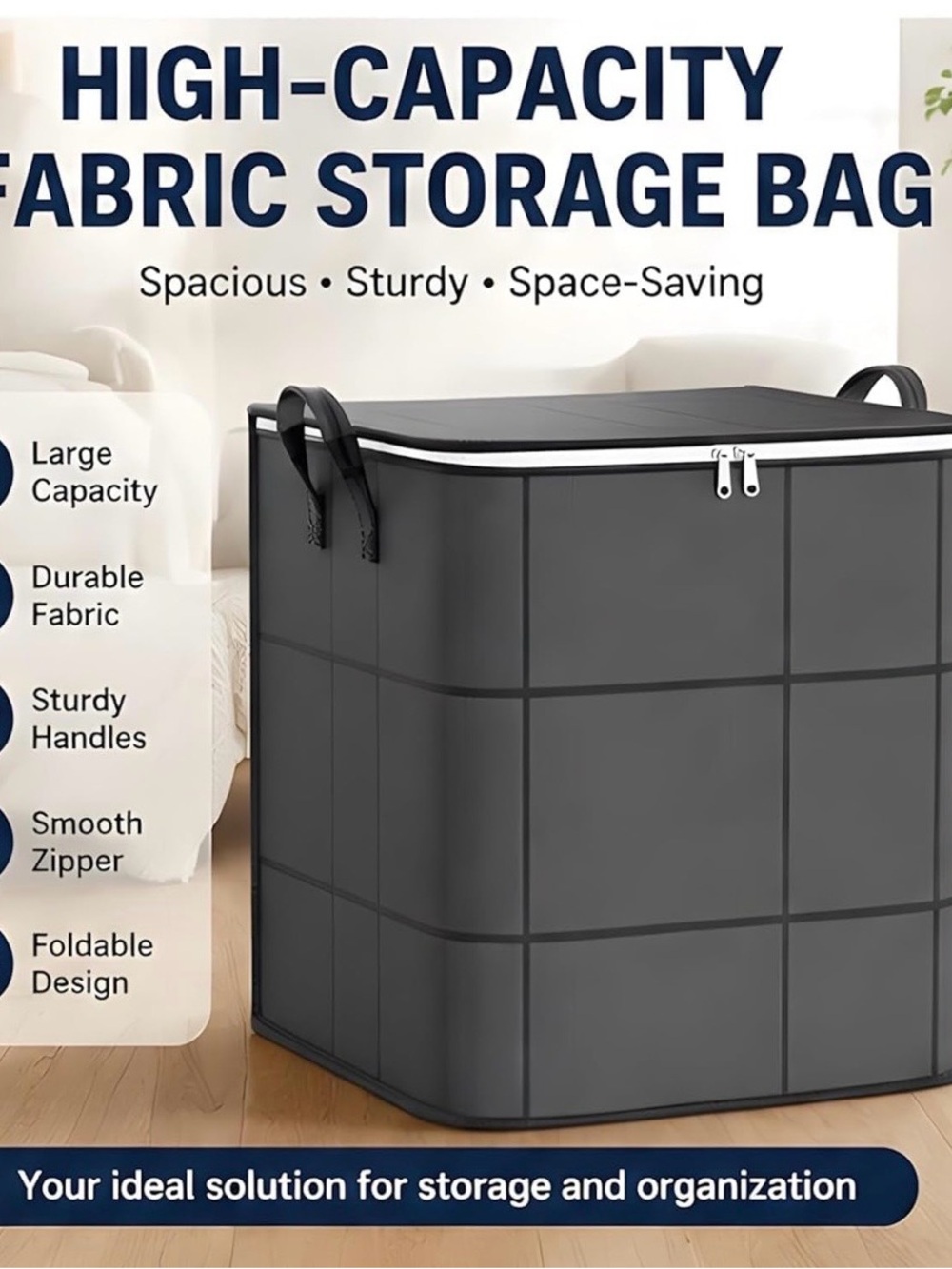 High-Capacity Gray Fabric Storage Bag with Zipper